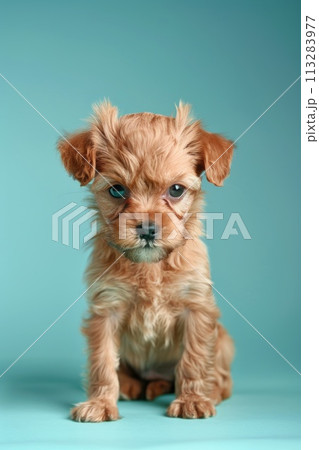 An adorable brown puppy sits attentively against a teal background An adorable brown puppy sits attentively against a teal background 113283977