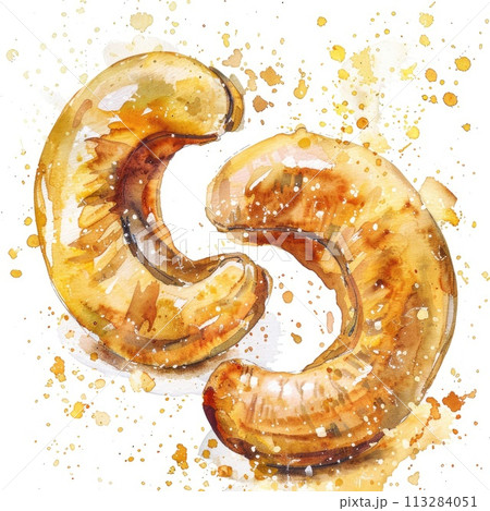 Artistic watercolor painting of cashew nuts with a burst of paint splashes 113284051