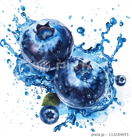 Artistic watercolor rendering of blueberries with spontaneous splashes of blue 113284055