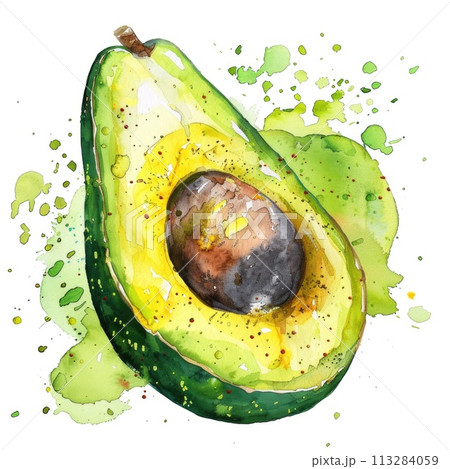 An avocado painted in watercolor, vibrant splashes adding movement to the image 113284059