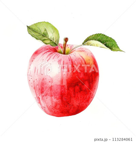 A striking watercolor illustration of a ripe apple with a vibrant green leaf 113284061