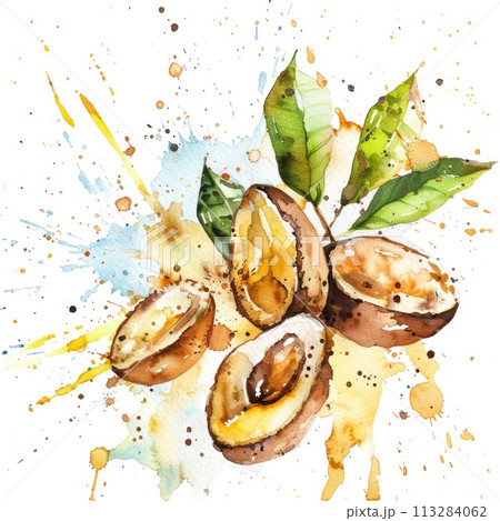 A dynamic watercolor composition features almonds and leaves amidst vibrant splashes 113284062