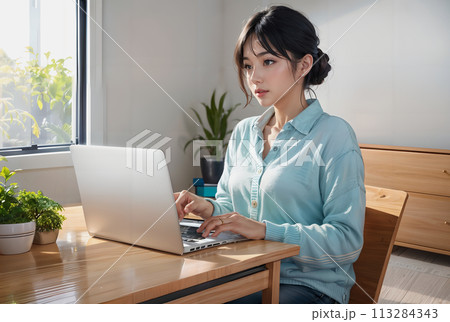 20代女性のリモートワーカー 水色のブラウス 20代女性のリモートワーカー 水色のブラウス 113284343