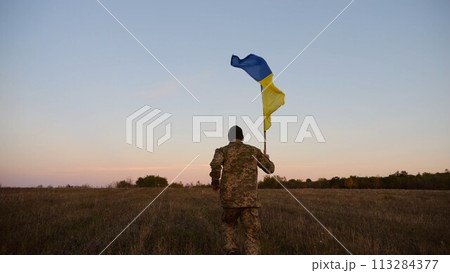 Soldier of ukrainian army running with raised blue-yellow banner on field at dusk. Young male military in uniform jogging with flag of Ukraine at meadow. Victory against russian aggression concept 113284377