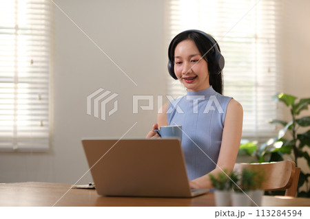 Successful businesswoman has fun selling online and delivering packages in her home office Woman checking orders on notebook and laptop, SME business concept 113284594