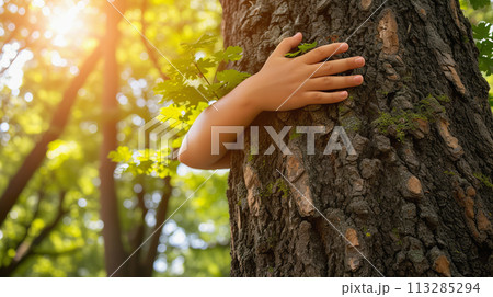 Child hands hugging tree in lush forest, nature connection, love for environment 113285294