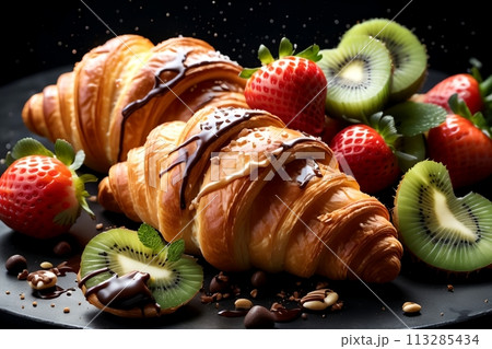 sweet pastries, croissants with strawberries and other fruits 113285434