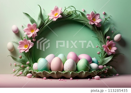 Easter greeting card, colorful Easter eggs 113285435