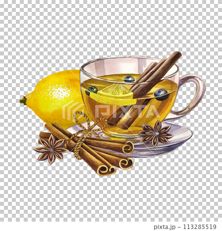 A cup of tea with lemon, cinnamon and star anise. A glass transparent cup filled with tea. a hand-drawn watercolor illustration. For design solutions of invitations, banners, packaging and menus. 113285519
