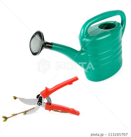 Garden watering can and secateurs isolated on white background. There is free space for text. Collage. 113285707