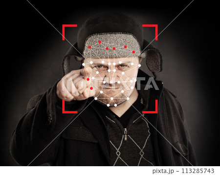 Facial recognition and Crime concept. Man pointing finger at technology biometric security system. 113285743