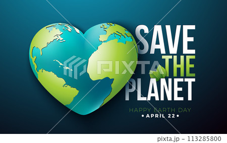 Earth Day Illustration with Planet in the Heart on Blue Background. World Map on April 22 Environmental and Eco Concept with Typography Lettering. Vector Design for Postcard, Banner, Greeting Card 113285800