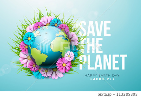 Save the Planet. Happy Earth Day Illustration with Spring Flower on Blue Background. World Map on April 22 Environmental and Eco Concept with Typography Lettering. Vector Design for Postcard, Banner 113285805