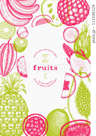 Tropical Fruit Design Template. Vector Hand Drawn Exotic Fruit Banner. Vintage Style Menu Illustration. Tropical Fruit Design Template. Vector Hand Drawn Exotic Fruit Banner. Vintage Style Menu Illustration. 113286129