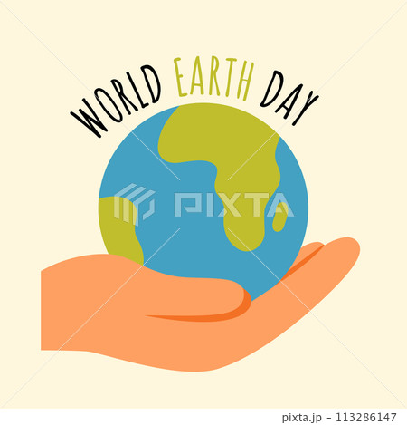 Happy earth day. World earth day. Modern simple illustration. Globe icon. Save earth.  World map 113286147