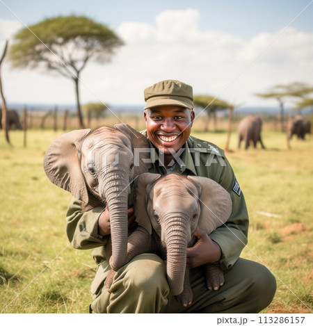 A man is holding a baby elephant in his arms 113286157
