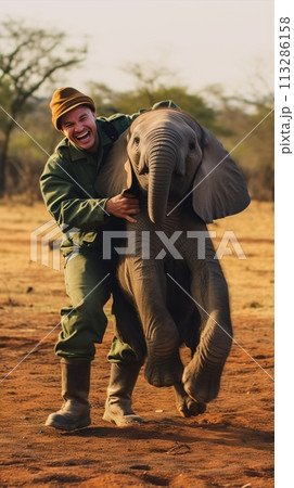 A man is holding a baby elephant in his arms 113286158