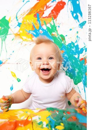 a baby is sitting at a table covered in paint 113286167