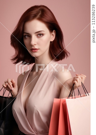 beautiful business girl with shopping bags, isolated on pink background 113286239