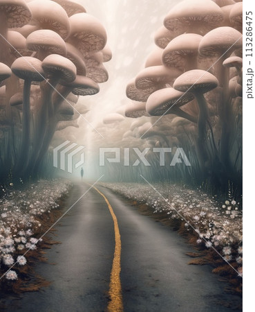 A person is walking down a road in a forest with mushrooms. The mushrooms are large and spread out, creating a surreal and dreamlike atmosphere. A person is walking down a road in a forest with mushrooms. The mushrooms are large and spread out, creating a surreal and dreamlike atmosphere. 113286475