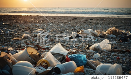 beach covered in trash, including plastic cups and bottles. The sun is setting in the background, creating a moody atmosphere. beach covered in trash, including plastic cups and bottles. The sun is setting in the background, creating a moody atmosphere. 113286477