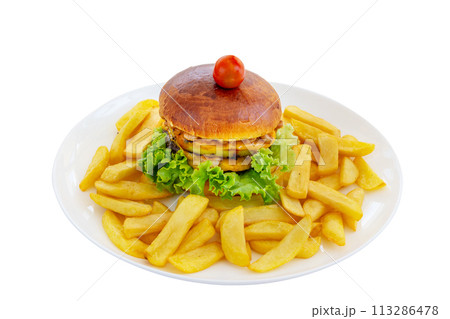 Classic hamburger shrimp squid squid cheese lettuce leaves and fries. Isolated on a white background. 113286478