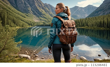 A woman is standing in front of a lake wearing a blue jacket and a brown backpack. Concept of adventure and exploration, as the woman is likely preparing for a hike or a camping trip in the mountains. 113286481