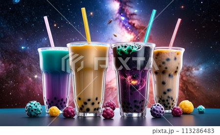 Four different colored drinks with straws in them, with a background of stars and a galaxy. The drinks are in glasses and the background is a space scene. Four different colored drinks with straws in them, with a background of stars and a galaxy. The drinks are in glasses and the background is a space scene. 113286483