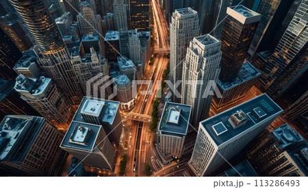 A cityscape with tall buildings and a bridge in the middle. The city is lit up at night, creating a moody atmosphere. A cityscape with tall buildings and a bridge in the middle. The city is lit up at night, creating a moody atmosphere. 113286493