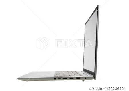 Modern portable computer mockup laptop pc isolated on white background copy space. Side view short focus field. Modern portable computer mockup laptop pc isolated on white background copy space. Side view short focus field. 113286494