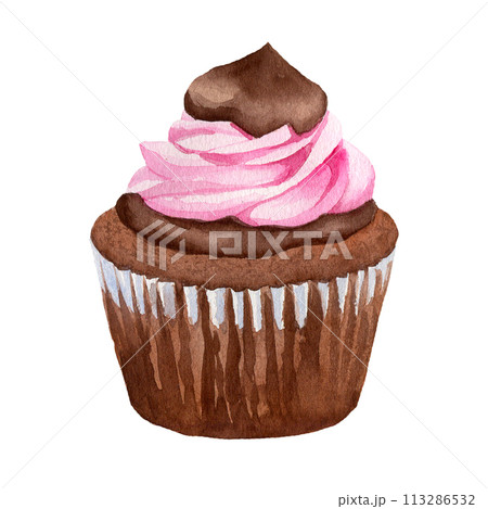 Chocolate brown cupcake with pink cream hand drawn in watercolor for postcards, invitations, flyers, menus, labels isolated on white background Chocolate brown cupcake with pink cream hand drawn in watercolor for postcards, invitations, flyers, menus, labels isolated on white background 113286532