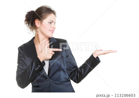 Smiling business woman presenting Isolated 113286603