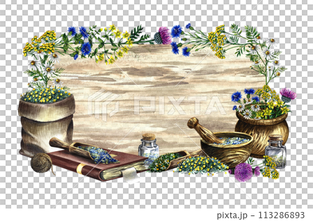 A frame with medicinal herbs cornflower, chamomile and tansy. Dried, crushed in a linen bag, in glass bottles and a wooden pot. Mortar and pestle for grinding. A hand-drawn watercolor illustration. 113286893