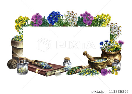 A frame with medicinal herbs cornflower, chamomile and tansy. Dried, crushed in a linen bag, in glass bottles and a wooden pot. Mortar and pestle for grinding. A hand-drawn watercolor illustration. A frame with medicinal herbs cornflower, chamomile and tansy. Dried, crushed in a linen bag, in glass bottles and a wooden pot. Mortar and pestle for grinding. A hand-drawn watercolor illustration. 113286895