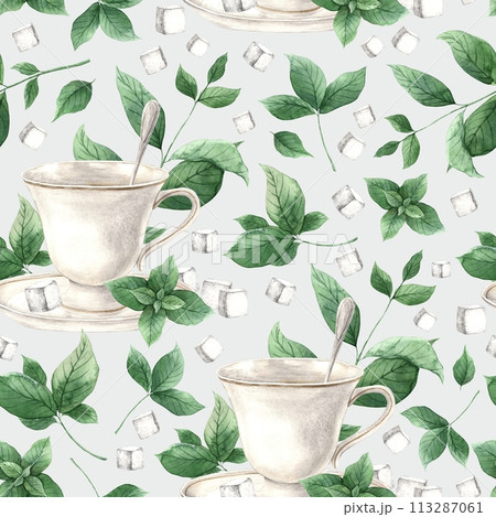 Watercolor pattern with mug, saucer, spoon, sugar and mint on a gray background. Illustration is hand drawn, suitable for menu design, packaging, poster, website, textile, invitation, brochure. Watercolor pattern with mug, saucer, spoon, sugar and mint on a gray background. Illustration is hand drawn, suitable for menu design, packaging, poster, website, textile, invitation, brochure. 113287061
