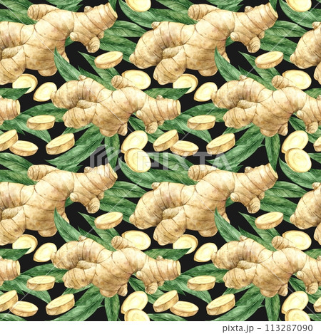 Watercolor seamless pattern with realistic ginger and leaves on a green background. Illustration is hand drawn, suitable for menu design, packaging, poster, website, textile, invitation, brochure. Watercolor seamless pattern with realistic ginger and leaves on a green background. Illustration is hand drawn, suitable for menu design, packaging, poster, website, textile, invitation, brochure. 113287090