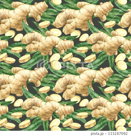 Watercolor seamless pattern with realistic ginger and leaves on a green background. Illustration is hand drawn, suitable for menu design, packaging, poster, website, textile, invitation, brochure. 113287092