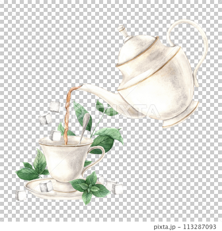 Watercolor composition of a teapot pouring tea into a mug with mint and sugar. The illustration is drawn by hand. Drawing for menu design, packaging, poster, website, textile, invitations, brochure. 113287093