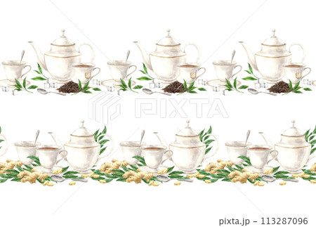 Watercolor seamless tea composition with mugs, teapot, loose tea, ginger. The illustration is hand drawn on an isolated background. Drawing for menu design, packaging, textiles, posters, websites. Watercolor seamless tea composition with mugs, teapot, loose tea, ginger. The illustration is hand drawn on an isolated background. Drawing for menu design, packaging, textiles, posters, websites. 113287096