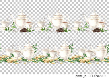 Watercolor seamless tea composition with mugs, teapot, loose tea, ginger. The illustration is hand drawn on an isolated background. Drawing for menu design, packaging, textiles, posters, websites. Watercolor seamless tea composition with mugs, teapot, loose tea, ginger. The illustration is hand drawn on an isolated background. Drawing for menu design, packaging, textiles, posters, websites. 113287096
