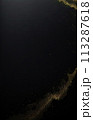 Dynamic digital wave of black particles with shining star dots, creating an abstract black background. 113287618
