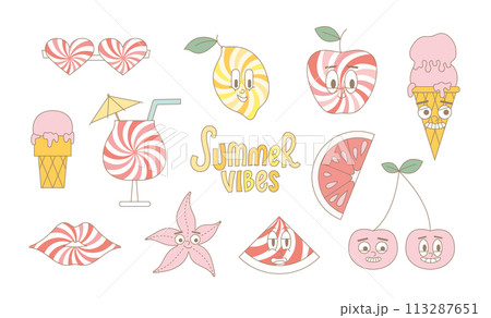 Groovy summer fruits, icecream, star, coctail. Funky mascot patch stickers. Vector modern fruits. 113287651