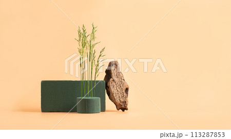 Modern abstract podium wooden geometric shapes plants grass pastel pink background. Copy space horizontal banner  113287853
