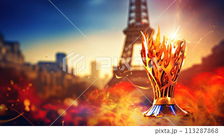 Cup with fire, lit torch against backdrop of Eiffel Tower at sunset, opening ceremony of Summer Olympic Games in Paris Cup with fire, lit torch against backdrop of Eiffel Tower at sunset, opening ceremony of Summer Olympic Games in Paris 113287868