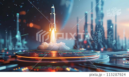 Rocket rises above futuristic cityscape, glowing with neon lights and digital interfaces symbolizing advanced space travel technologies Rocket rises above futuristic cityscape, glowing with neon lights and digital interfaces symbolizing advanced space travel technologies 113287924