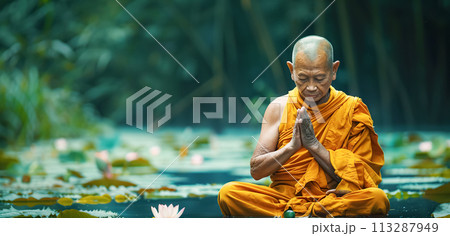 An elderly monk dressed in orange robes meditates among bright lotus flowers, symbolizing purity and enlightenment. Religion, traditional eastern meditation, prayer, spiritual practice An elderly monk dressed in orange robes meditates among bright lotus flowers, symbolizing purity and enlightenment. Religion, traditional eastern meditation, prayer, spiritual practice 113287949