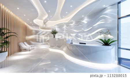 An modern medical clinic interior in futuristic design, with sleek curved structures, ambient lighting modern furniture. Design conveys high-tech, clean and sterile environment with cozy atmosphere 113288015