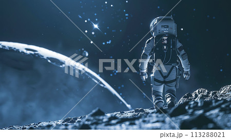 An astronaut in spacesuit stands on surface of Moon, in background rises Earth, illuminated by distant sun. Concept of exploring the galaxy An astronaut in spacesuit stands on surface of Moon, in background rises Earth, illuminated by distant sun. Concept of exploring the galaxy 113288021