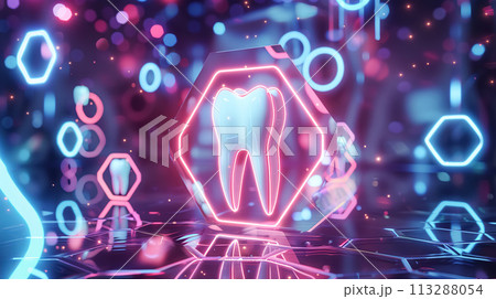 Dental implant technology concept. High tech 3D rendering of a dental implant with various digital symbols and diagrammatic elements representing advanced medical technology Dental implant technology concept. High tech 3D rendering of a dental implant with various digital symbols and diagrammatic elements representing advanced medical technology 113288054