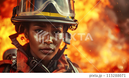 A striking portrait of dark-skinned female firefighter, her gaze reflects courage and resilience amid the flames. Women's professions 113288071